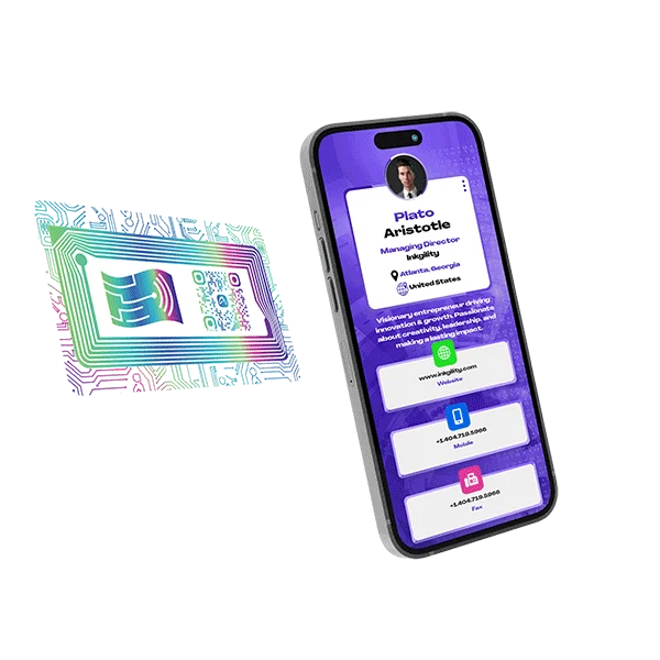 The Ideal Card — an NFC business card beside a phone showing the digital profile it opens